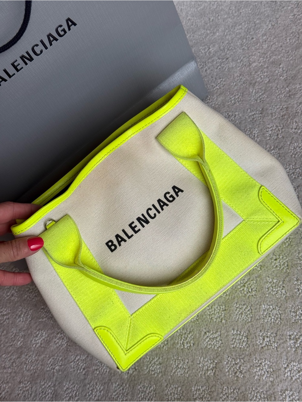 Balenciaga Canvas Tote with Neon Yellow Trim and Matching Pouch - Picture 5 of 7